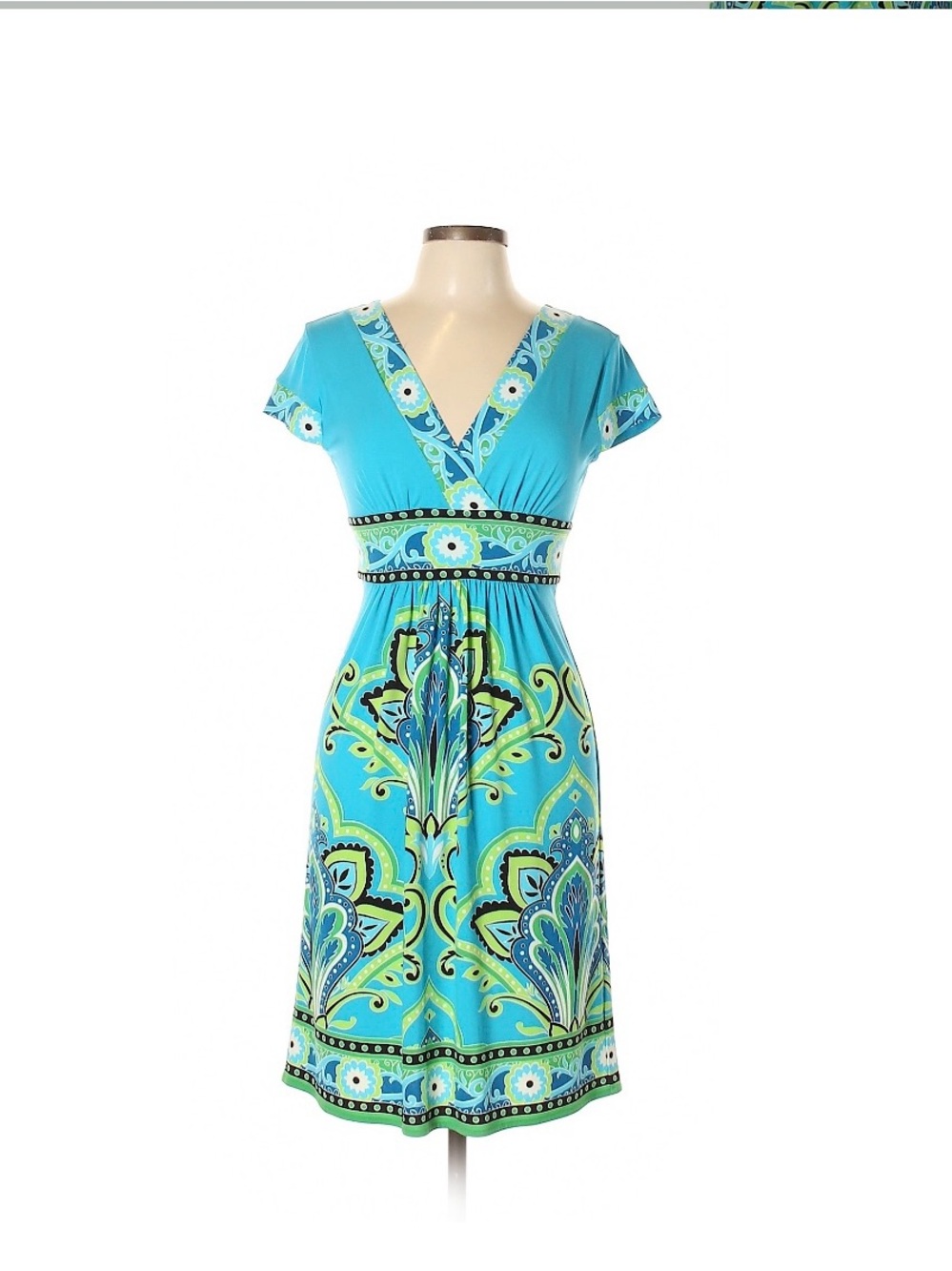 London Times Vibrant Turquoise Floral Print V-Neck Dress